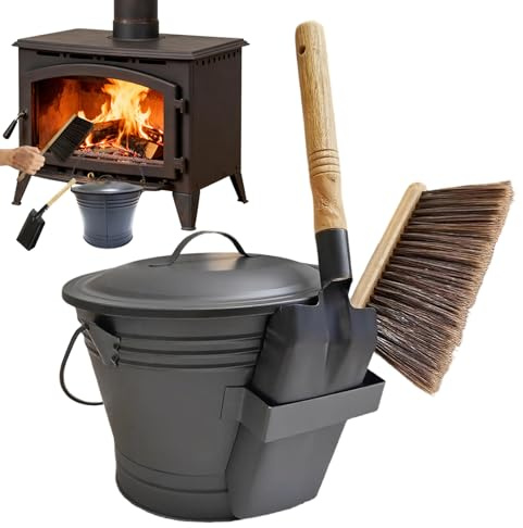 Ascheeimer Für Kamine – 5 L Metalldosenbehälter | Metalleimer Für Heiße Asche Mit Schaufel Und Handbesen | Kohleeimer Mit Deckel Für Kamin, Terrasse, Garten, Outdoor, Indoor, Party