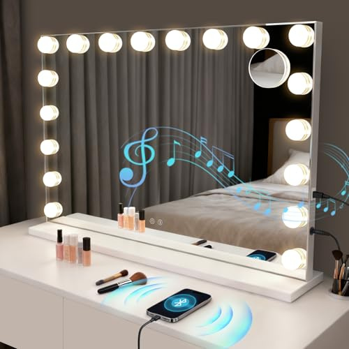 Mursche Schminkspiegel Mit Beleuchtung,80 x 60 cm Groß Hollywood Spiegel | Vanity Mirror Mit 18 LED Licht Schminktisch Make Up Hollywoodspiegel Tischspiegel Schminktischspiegel Musik Bluetooth