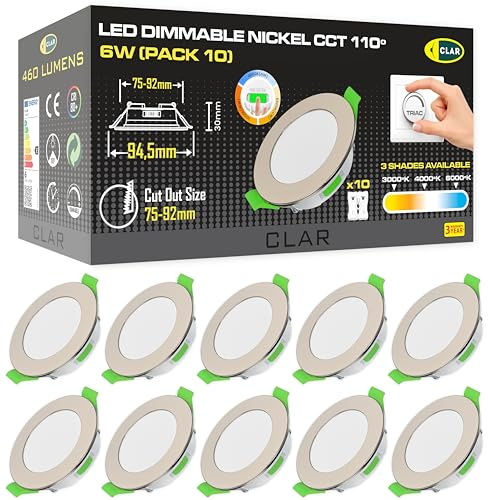 CLAR - Einbaustrahler LED, Deckenstrahler, LED Einbaustrahler 230V, Deckenspots, Spots Dekenleuchte, Badbeleuchtung, Deckenleuchte Dimmbar, Einbauleuchten Nickel 6W CCT (Pack 10)