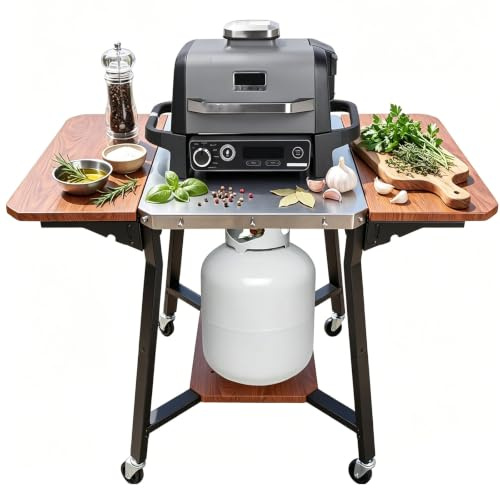 GFTIME Chariot de Barbecue avec Plan de Travail en Acier Inoxydable, Chariot de Barbecue avec 2 étagères latérales rabattables, Porte-Bouteille de gaz et roulettes, Chariot de Cuisine Mobile pour
