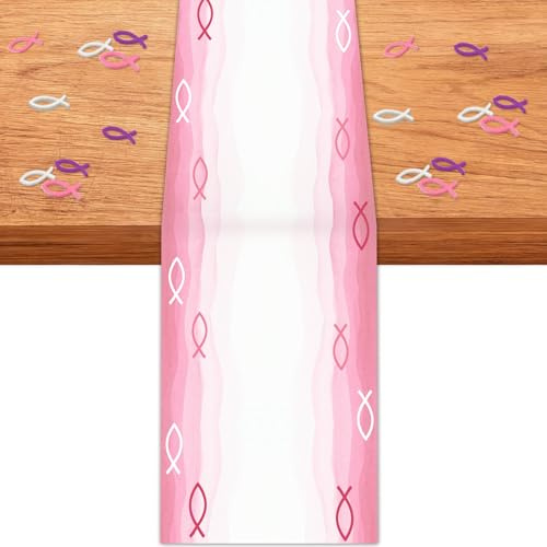 Tischläufer Fisch aus Vlies,Enthält 18 Holzfische Kommunion Deko,180cmx35cm | Weiß / Pink,für Jungen und Mädchen Kommunion Konfirmation Taufe