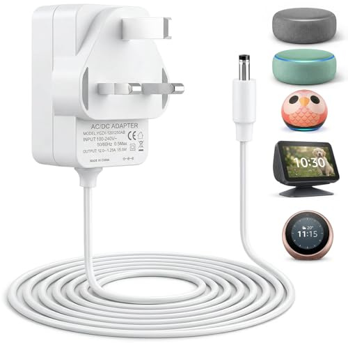 15W Power Supply Charger for Echo Dot 3rd 4th 5th Gen,12V 1.25A Replacement Power Cable Adapter for Echo Show 5 1st/2nd Gen Echo Spot Echo Pop Fire TV Cube 1.5m Long Cord 4.0mm x 1.7mm DC Plug White