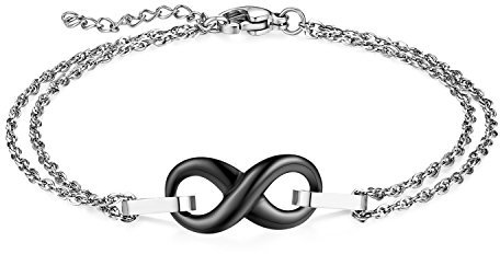 JewelryWe Schmuck Damen Armband, Edelstahl Keramik Lieben Infinity Unendlichkeit Zeichen Armkette Charms Armreif, verstellbare Größe, Schwarz Silber