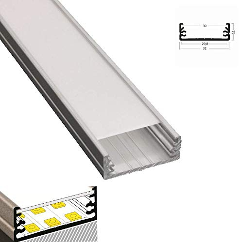 MEC Light LED Profil 3,2cm breit Aluminium eloxiert für LED Streifen 1m inkl. Abdeckung milchig UV beständig, für LED Bänder bis max. 29,8mm. (Silber, 1m milchig)