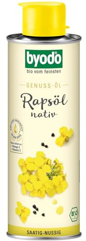 Kaltgepresstes Bio Rapsöl von Byodo - 6 x 250 ml Dose, Nussiger Geschmack, 100% reines Bio-Öl, Reich an ungesättigten Fettsäuren, Vegan, Vielseitig einsetzbar