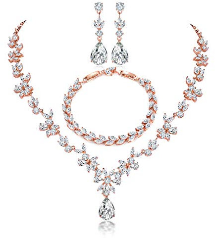 Shuxin Hochzeit Schmuckset für Damen, Halskette & Ohrringe & Armband Set, Rosegold Plattiert Blumen Braut Schmuck Set mit 5A Weiß Zirkonia, Allergenfrei Hochzeitsschmuck für Braut Brautjungfern