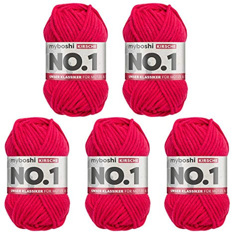 myboshi No.1 Wolle zum Häkeln und Stricken, Schnellstrickgarn, langlebige Mützenwolle, Strickwolle, Häkelwolle, mulesing-frei, 50g, Ll 55m Rot (Kirsche) 5 Knäuel