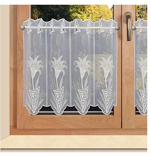 Bestickte Scheibengardine Lilie hochwertiger Kurzstore mit Ornament-Stickerei weiß-grün aus Plauener Spitze 50 x 176 cm