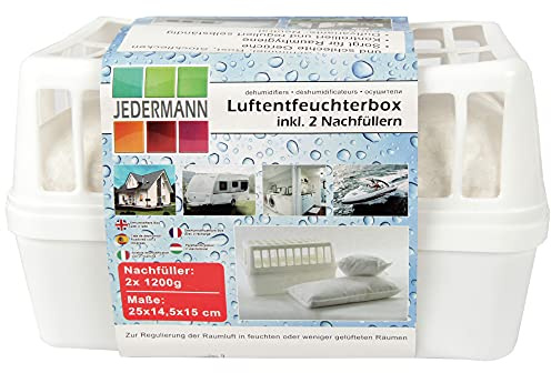 Luftentfeuchter Box inkl. 2x 1200g Nachfüll Granulat, bis 50m² Raumgröße / 2.500ml Flüssigkeit aufnahmefähig, wiederverw. Feuchtigkeits-Stopper