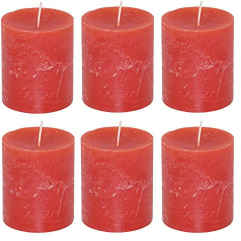 Stumpenkerzen Rustic 6er Set - Stumpenkerze, Blockkerze, Kerze, Adventskranz, Advent - Kein Ruß - Brenndauer: 30 Std. - viele Farben - 7x8 cm (Rot)