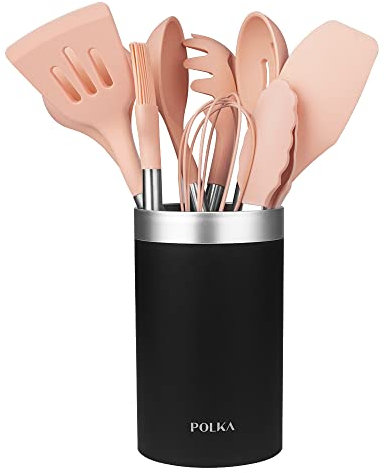 Cecotec Utensilios de Cocina de Silicona Polka Experience Gravity. Set de 9 piezas Rosa pastel, Recubierto Soft touch y Mango de Acero. Materiales: Silicona, Nylon y PP, Incluye Holder Polka