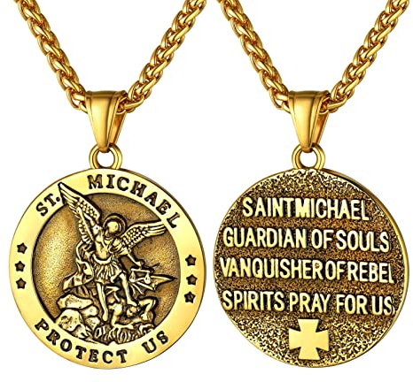 Bandmax St. Michael Kette Herren Edelstahl Halskette Silber/Gold/Schwarz | Erzengel Michael Anhänger für Männer, Schutzpatron Schild/Rund Medaille Kettenanhänger, Amulett Schmuck für Geburtstag