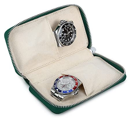 Hiram Custodia da Viaggio per Orologi Scatola Porta Orologi per 2 Orologi Organizer per Orologio con Cerniera Portatile in Pelle Saffiano (Verde)