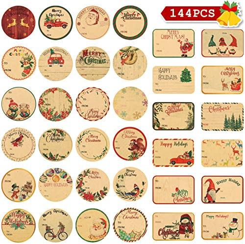 POPGIFTU Etiquette Cadeau Noël Autocollante, 144Pièces Étiquettes Nom Noël Papier Kraft, Autocollants Étiquettes Cadeaux de Noël pour les Emballages Cadeaux décoratifs(36 modèles Assortis)
