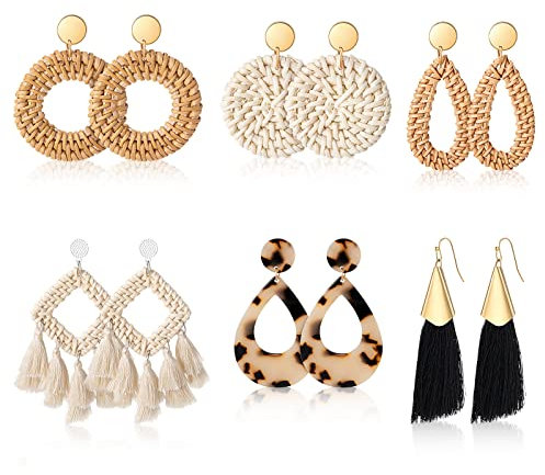 HIFOT Boho Ohrringe Set für Damen und Mädchen - Rattan Hand Gewebte Retro Ohrringe mit Stroh Design