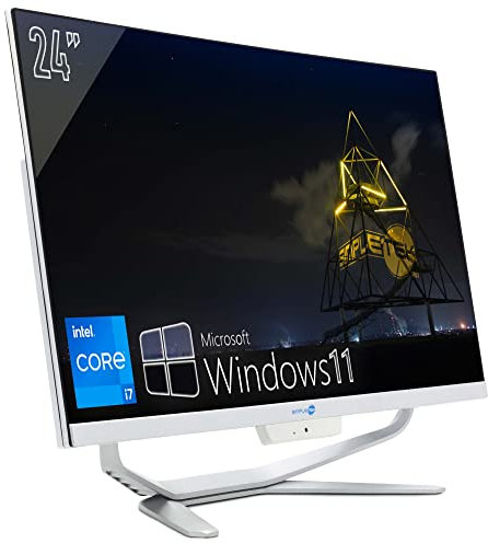 SIMPLETEK PC All in One 24 Full HD Curvo Core i7 Fino 3.90GHz Windows 11 Pro 16GB RAM SSD 240GB Webcam 1080p WiFi5 BT HDMI Computer Fisso Aio Casa Scuola Lavoro