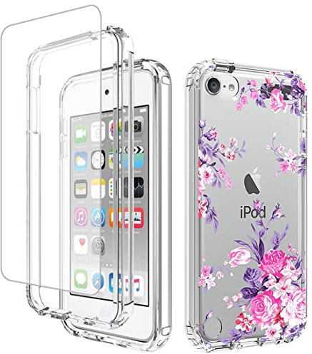 Yerebel Coque pour iPod Touch 6/Touch 5/Touch 7 avec protection d'écran en verre trempé, motif floral, résistant aux chocs, coque de protection intégrale pour iPod Touch 7 (rose)