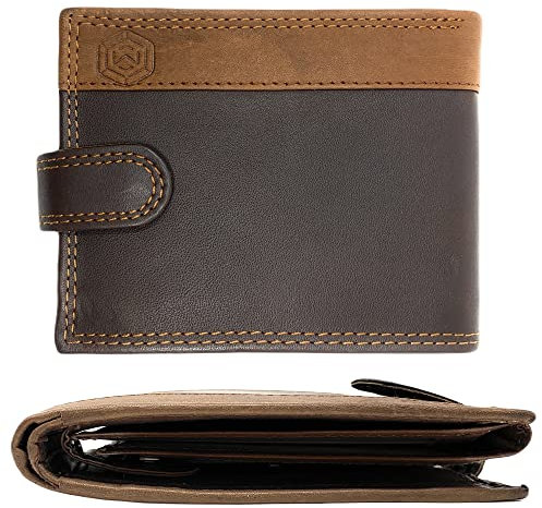 MOIRENTO Mens Brown Leather Wallet - Genuine Leather RFID Blocking Trifold Bifold - 7 Card Slots, 2 ID Windows, Coin Pocket - Brown/Tan with Securing Strap - Wallets for Men, 502B