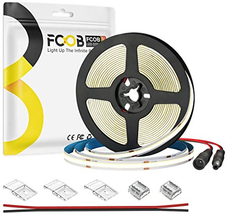 FCOB COB LED Streifen Flexible Hohe Dichte Warmweiß 3000K 320LEDs/m 9W/m 16.4FT/5M DC24V 8mm Breite CRI90+ Dimmbar LED Licht Uniform Helligkeit für DIY Dekoration(Nicht inhalt Netzteil&Steuerung)