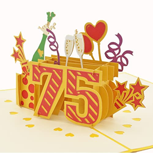 Favour Pop Up® - 3D Glückwunschkarte zum runden 75. Geburtstag mit Cover in Goldfarbe, ideal auch für Geldgeschenk oder Gutschein. TG075