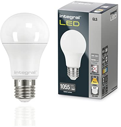 Integral LED 2 PACK E27 GLS A60 Warm 2700K, 1055LM, 9.5W (entspricht 75W) Nicht dimmbare Milchglaslampe - Energieeffizient & Ideal für Wandleuchten & Lampen im Wohnzimmer, Esszimmer & Schlafzimmer