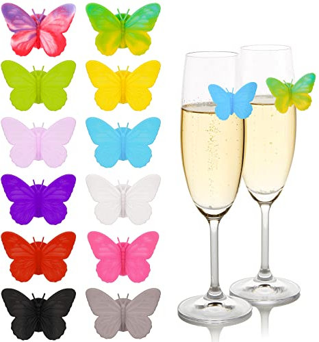 Pwsap 12Stück Weinglasmarkierer Glas Markierung Silikon Wein Trinken Marker Weinglas Anhänger Glasmarkierer Weinzubehör Etiketten Schmetterling Weinglas Dekoration für Wein, Cocktail, Champagner