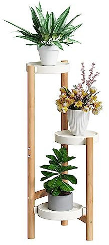 BMOSU Pflanzenständer für drinnen und draußen, Bambus, 3 Topfhalter, Regal, Pflanzenregal, Eckpflanzenregal, Pflanzenregal (weiß)