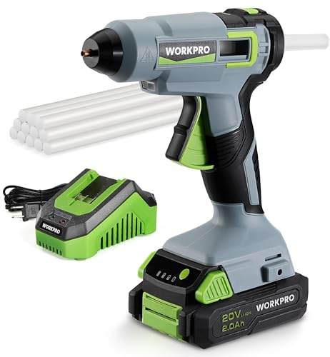 WORKPRO 20V Cordless Hot Melt Glue Gun Kit, 2.0 Ah Li-ion Battery Powered Rechargeable Full Size Hot Glue Gun, 45S Fast Preheating, Heavy Duty Wireless Glue Gun with 12 Pcs Glue Sticks for DIY & Craft