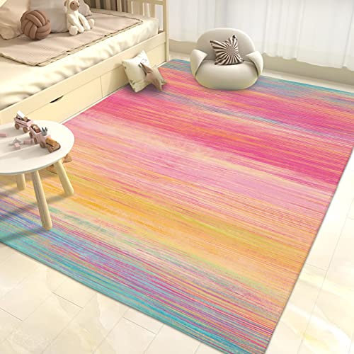 USTIDE Regenbogen-Teppich, 139,7 x 198,1 cm, bunte Streifen, Kinderteppich, superweich, für Mädchen, Schlafzimmer, bequem, Wohnzimmerteppich, Mädchenzimmer-Dekoration