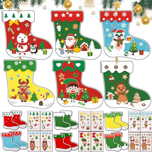 OuMaiFeng 24 Weihnachtsbasteln Papierbastelsets Hängend Dekor für Kinder, DIY Abnehmbaren Hängenden Ornamenten, Weihnachts-Kinderhandarbeits-Set mit Weihnachtssocken und selbstklebendem Papier.