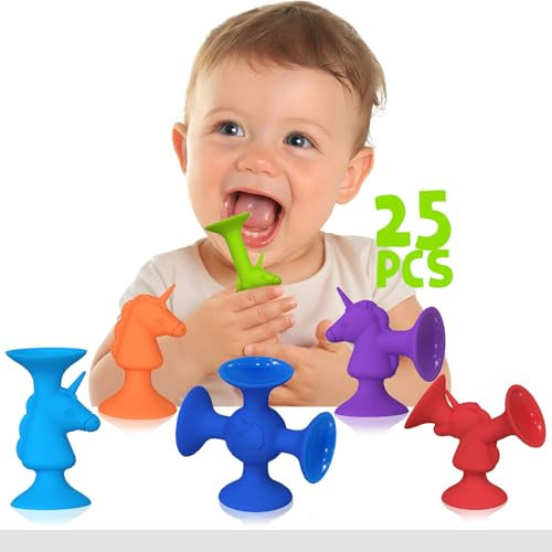 Saugspielzeug Baby, Niedlicher Einhorn Badespielzeug Baby ab 1 2 3 Jahr, Silikon Badewannen Spielzeug, Reise Spielzeug, Montessori Spielzeug, Sensorik Spielzeug für Jungen Mädchen (25pcs)