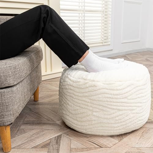 Asuprui Pouf Ottoman Gefüllt, Ottomane Fußstütze, Bodenpouf, runder Sitzsack, Boden-Sitzsack, faltbarer Bodenstuhl, Aufbewahrung für Wohnzimmer, Schlafzimmer (elfenbeinfarbener Pouf mit Füllung)