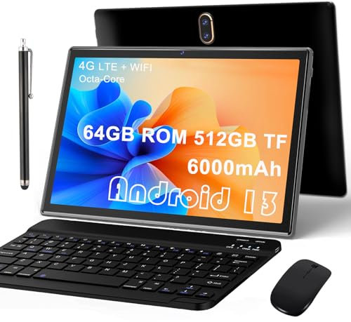 Tablet 10 Pollici Tablet con Sim Slot 4G LTE Tablet con Tastiera e Penna Tablet in offerta 64GB ROM 512GBTF Android 13 Tablet PC, Octa-Core/13MP /1080PFHD/6000mAh, GPS Bluetooth WiFi GPS OTG, Nero