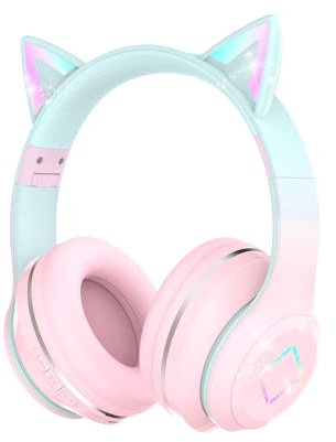 Bluetooth Kids Headphones,Cat Ear LED Light Up Kids Wireless Headphones,Bluetooth 5.1&Stereo Sound,Foldable,Adjustable Headband,Children Headphone with Microphone Over Ear for School/Tablet (Pink)