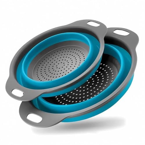 Faltbarer Seiher Sieb, Küche Silikon Klappbar Abtropfsieb Nudelsieb Set, Küchensieb Abwaschschüssel von Nudeln, Obst, Gemüse, 2 Größe (24.5+29.2cm) (Blau)