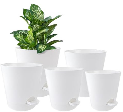 QLoztyse Maceta Autorriego - Maceteros Decorativos Interior de 5, Macetas Grande de Plástico de 17.78/16.51/15.24/13.97/12.7 cm con Agujeros y Pies, Tiestos para Plantas Interior Blanco