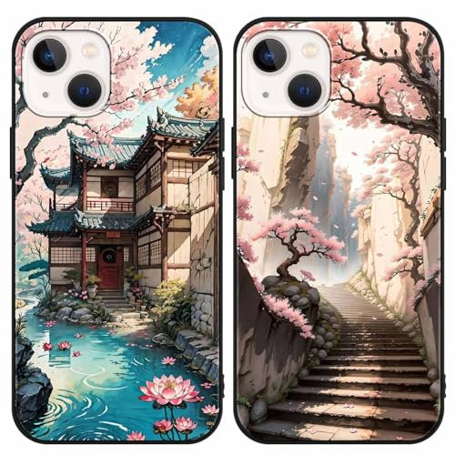 2 Stück Handyhülle für Apple iPhone 13/iPhone 14 Hülle 6.1'', Anime Japanische Kirschblüten Manga Anime künstlerische Ästhetik mit Motiv Designs Case Schutzhülle TPU Weich Ultra Dünn Cover -05