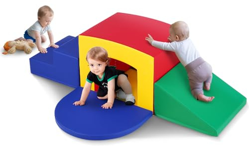 VEVOR Giochi da Arrampicata per Bambini al Coperto, Attrezzatura da Gioco Morbida per Arrampicata, Gattonare e Tunnel in 5 Pezzi, Giochi in Schiuma per Arrampicata, Labirinto di Tunnel per Bambini