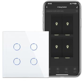 CNBINGO Smart Touch Lichtschalter Arbeiten mit Alexa, Google Assistant - WLAN Schalter unterputz - mit Glas Panel - Wandschalter vierfach in Weiß - Neutralleiter Wird Benötigt - 600W/Fach