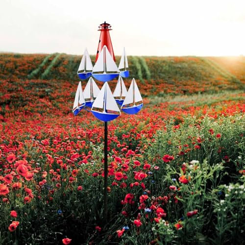 Windspiel für Den Außenbereich, Segelwindmühle, Leuchtturm-Segelboot-Windmühlen, Kinetischer Windmühlenspiel aus Metall mit 3 Stachelfüßen, Kunst-Windskulptur-Dekoration für Garten, Hof, Dec (Weiß)