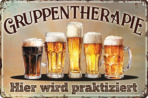 Wetterfestes 30 x 20 cm Blechschild – für Bier Fans, Liebhaber und Genießer – lustiger Spruch – „Gruppentherapie, hier wird praktiziert!“