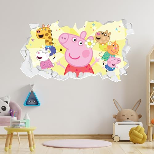 Peppa Pig Wall Sticker - Peppa Pig and Friends Party Broken Wall Decal Kids Art (90cm Width x 50cm Height)