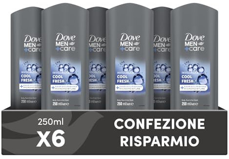 Dove, Dove Men+Care Shower Gel for Men, 3-in-1 Moisturising Body Face and Hair with Micro Moisture Technology, Moisturises 24 Hours, Pack of 6 x 250 ml