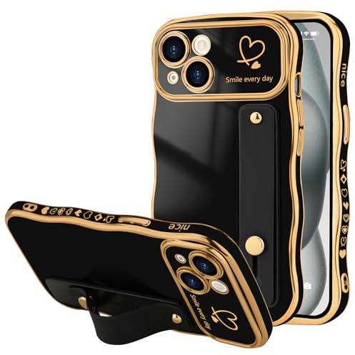 LLZ.COQUE Handyhülle für iPhone 15, Mädchen Curly Wellen Rahmenform Hülle Kameraschutz Schutzhülle Kommt mit Armband Case für iPhone 15, Schwarz (mit Schwarz Armband)