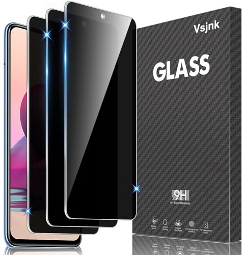 Vsjnk Privacidad Protector de Pantalla Compatible Con Xiaomi Redmi Note 10/Note 10S Screen Protector,3 Piezas Cristal Templado 9H Dureza Fácil de Limpiar Sin Burbujas