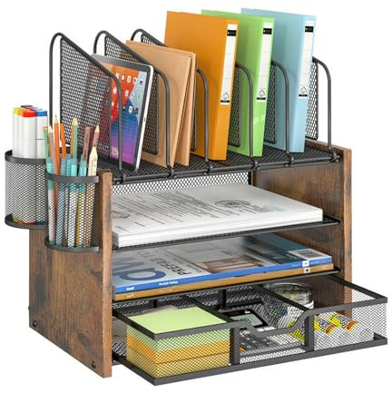 Whemyreat Organizador de escritorio de malla de 4 niveles de madera y metal, negro A4 con cajón y 2 soportes para bolígrafos, bandeja de documentos