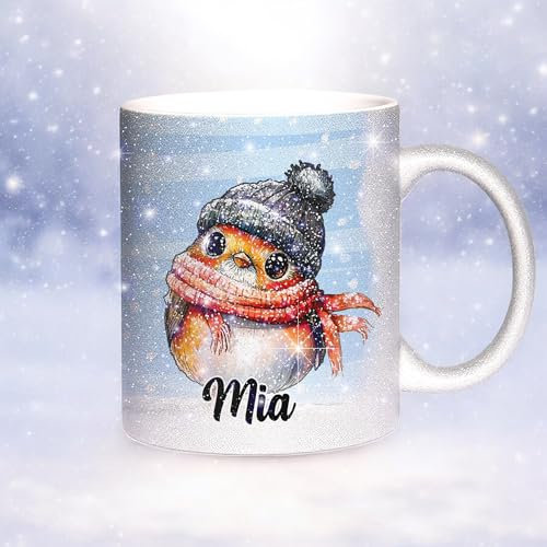 Sunnywall Glitzertasse Personalisiert mit Namen – Weihnachtstasse - Rotkehlchen Vogel Winter-Edition - Wintertasse aus Keramik - Geschenkidee