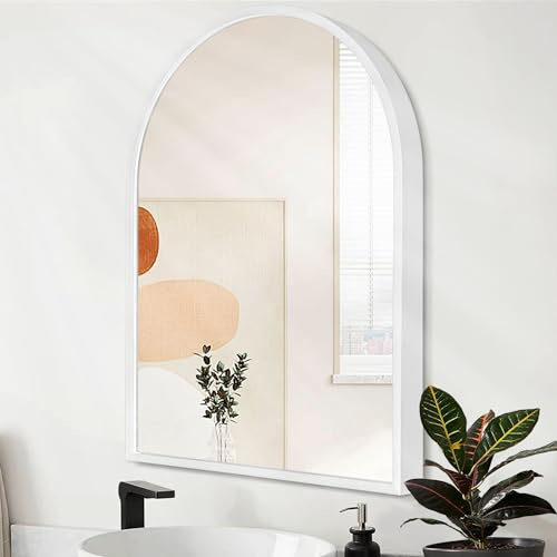 HLFMVWE Wandspiegel mit Bogen, 50,8 x 40,6 cm, groß, weiß, Badezimmerspiegel, Metallrahmen, Spiegel für Wand, Dekoration, Schminktisch, Schlafzimmer, Eingangsbereich, Wohnzimmer, Heimdekoration