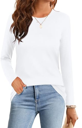 Elesomo Ladies Tops Long Sleeve Tshirts Crew Neck T Shirts Casual Plain Blouses, White UK 22 24