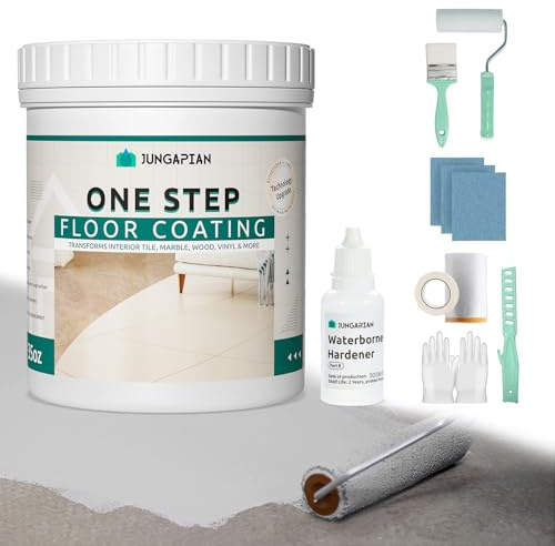 JUNGARIAN One Step Interior Floor Coating Kit, Water-based & Low Odor One-Step Floor Paint, High Hardness Waterproof Paint for Ceramic, Porcelain, Fiberglass, Hardwood, Laminate, Vinyl, 35OZ, Iron Ore